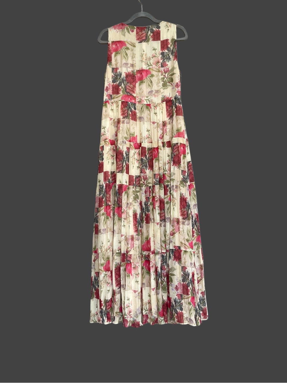 SEZANE Cream Red Rose Floral Patchwork Sleeveless Flowy Silk Alameda Maxi Dress - Picture 10 of 16